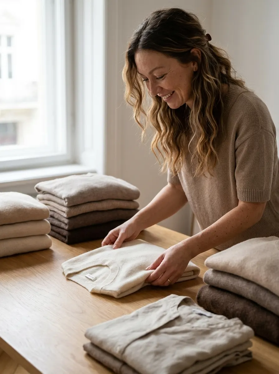 Anie faltet und fotografiert aussortierte Mode für Listings auf Vinted und Kleinanzeigen