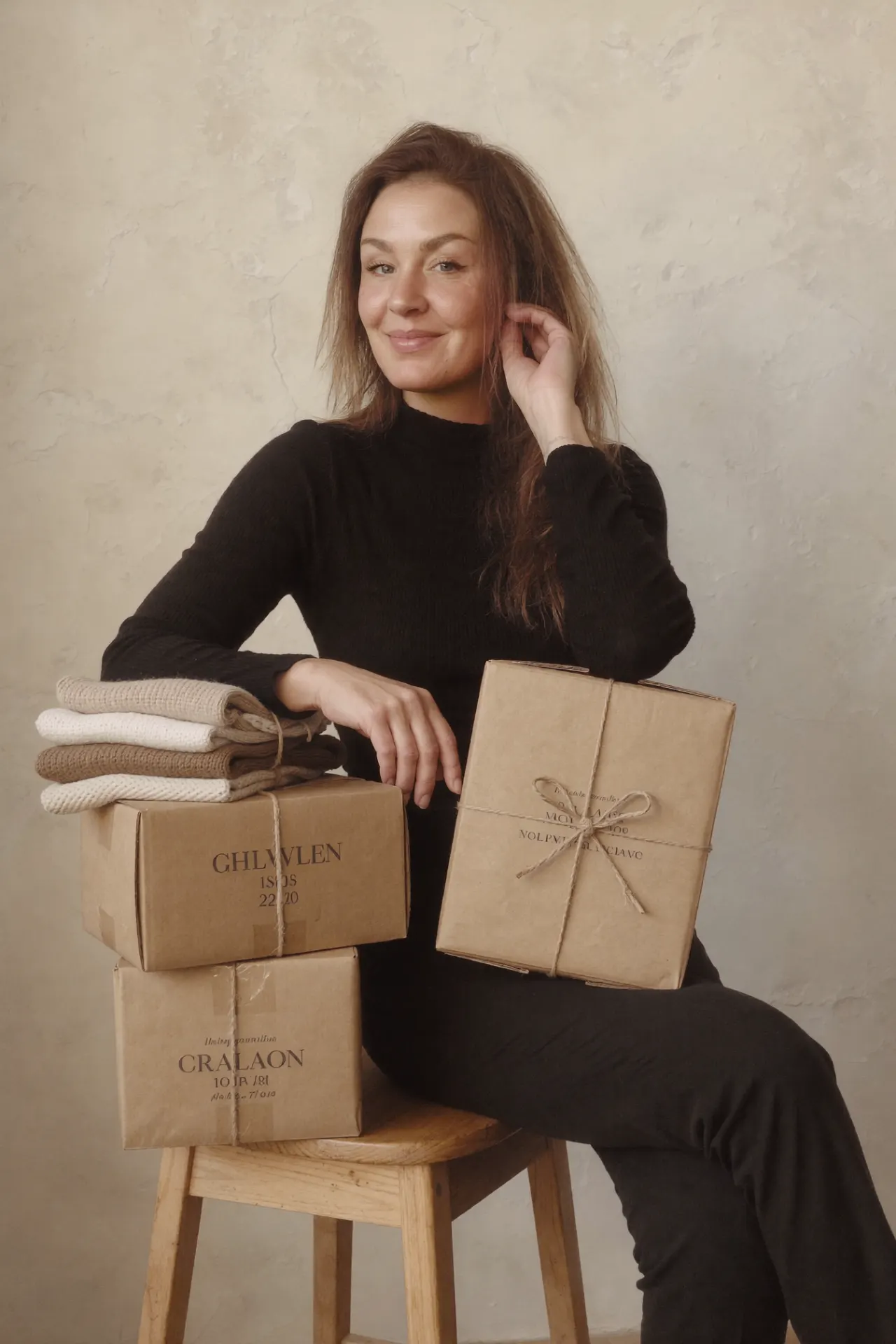 Anie sitzt mit verpackten Versandboxen verkaufter Schrankfund-Kleidung bereit zum Versand an Käuferinnen