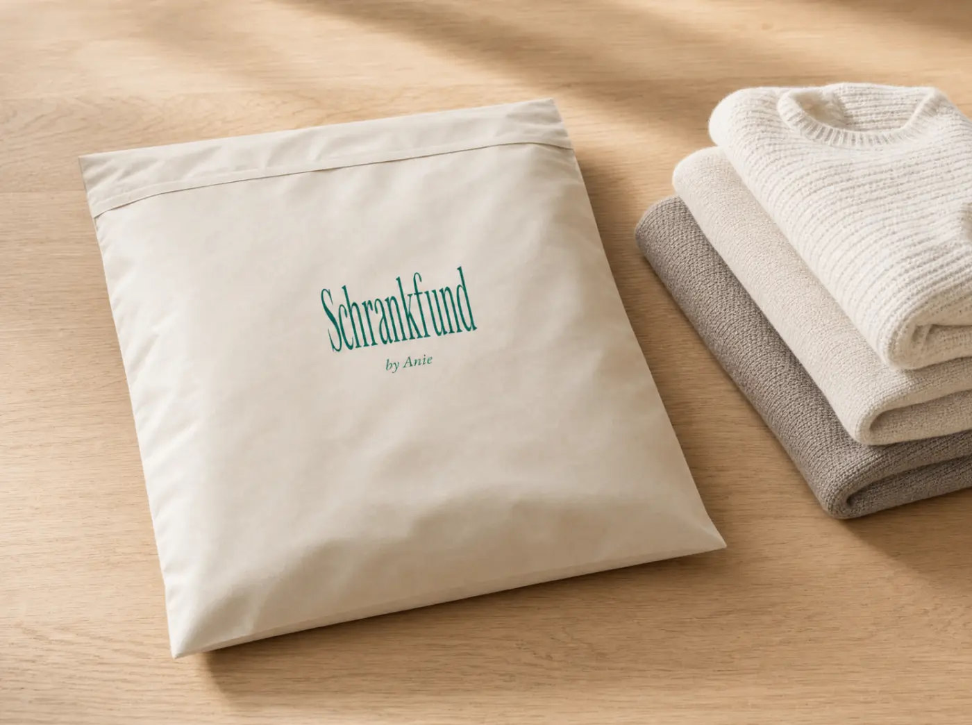 Schrankfund-Versandtasche mit Wordmark, daneben gestapelte gefaltete Strickpullover auf Holztisch.